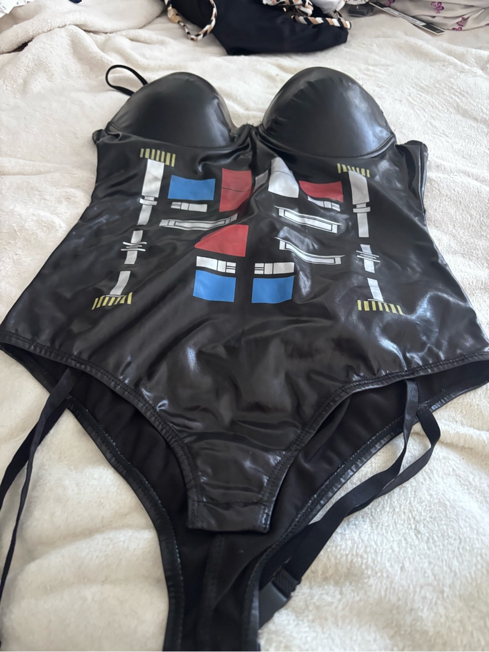 Fashion Nova Black One-Piece Bodysuit with Red and Blue Graphic